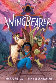 Dramatic image of young Black girl accompanied by a whimsical owl and an orc-like creature, running from a large, faceless robed being.