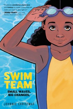 Black tween girl wearing blue and yellow swimsuit and goggles backed by blue water in a swimming pool.